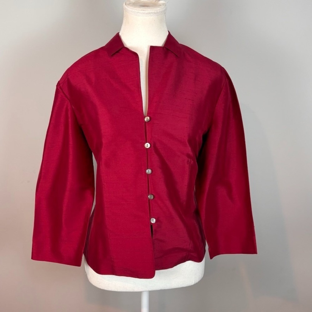 Talbots‎ Womens Red Textured 100% Silk Button Front Blouse SZ Petite 12 Classic